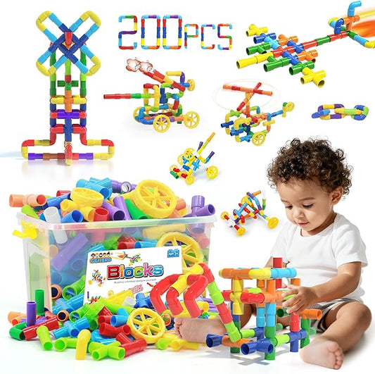 Ggiibro STEM Building Toy for Toddlers 200Pieces Tube Pipe Toy,Educational Preschool Game for 3+ Years,Learning Building Blocks Play with Storage Box Gift Kit,Montessori Toys for Boys & Girls