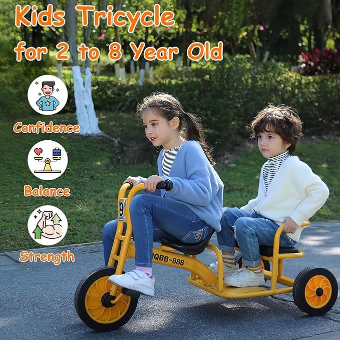 Kids Tricycle for Ages 2-8, Kids Trike Bike with Adjustable Seat, Airless Rubber Tires and Rear Padded Seat, Preschool Daycare Tandem Tricycle, Gift for Boys and Girls