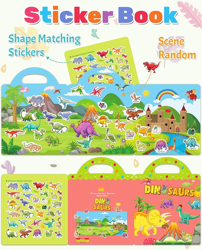 Benresive Reusable Sticker Book for Toddlers 2-4 Years, Fun Travel Stickers for Kids, Waterproof Sticker Books for Toddlers 1-3, Crafts Activities for Toddler 1-3 2-4 3-5 - Dinosaurs