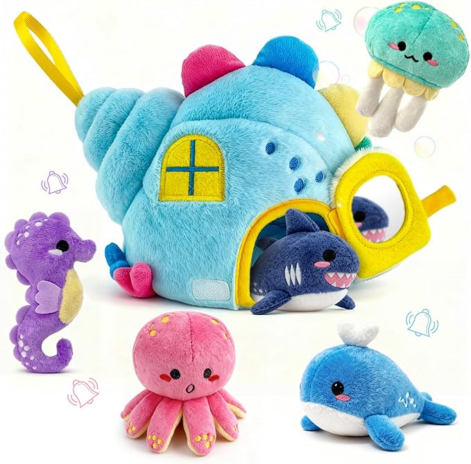pamexin Baby Toys 6-12 Months, Ocean Stuffed Animals Set with 1 Conch House and 5 Sea Creatures, Rattle, Lanyard, Mirror, Montessori Toys for 6+ Month Old, Gifts for Babies Grandkids
