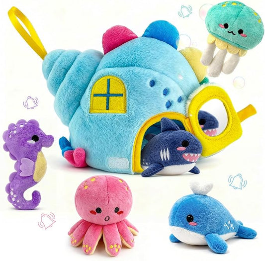 pamexin Baby Toys 6-12 Months, Ocean Stuffed Animals Set with 1 Conch House and 5 Sea Creatures, Rattle, Lanyard, Mirror, Montessori Toys for 6+ Month Old, Gifts for Babies Grandkids