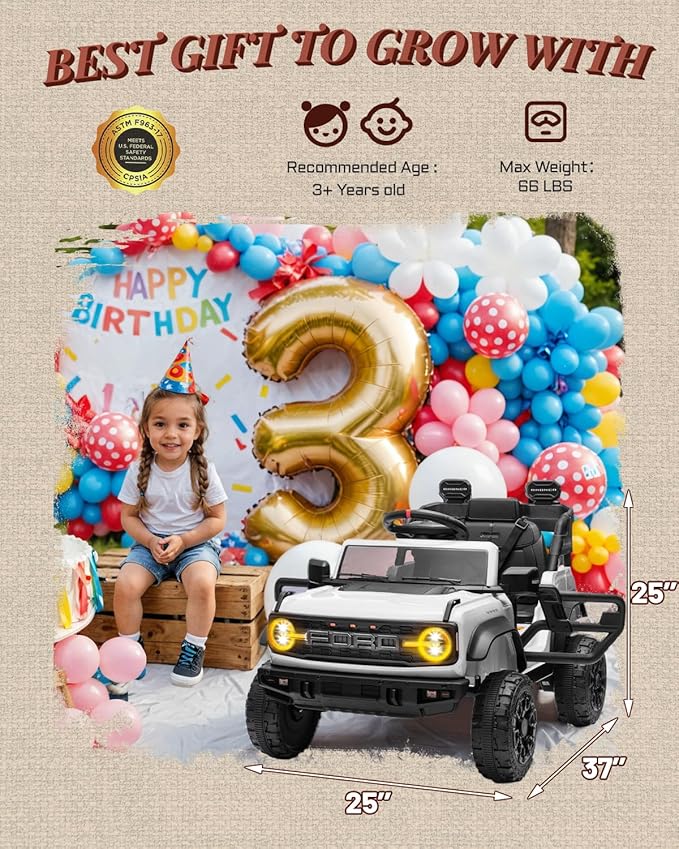 Ford Bronco Raptor 12V Toddler Ride on Toys, Safe Kids Ride on Truck with Remote Control, Children Electric Cars with 4 Wheels Suspension, Radio, Music, Bluetooth (12V, White)