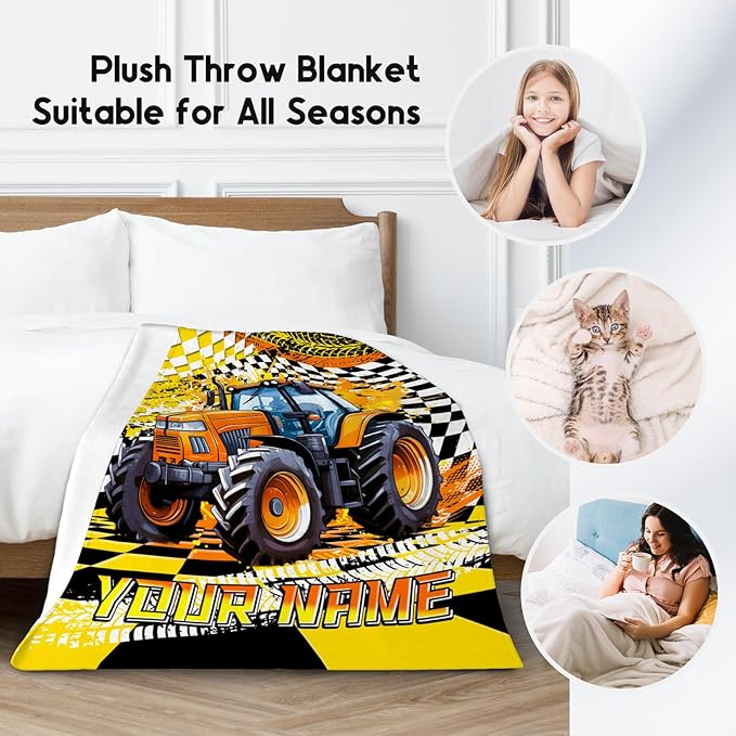 Custom Boys Blanket, Tractor Blankets for Kids Age 6-8, Personalized Car Gifts with Name, Cozy Fleece Throw for Couch & Sofa, 30"x40"