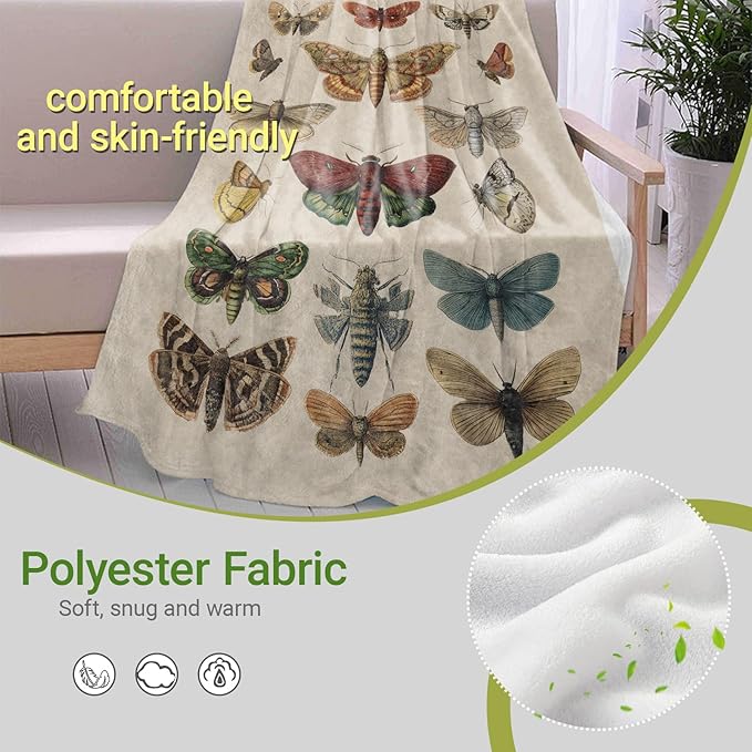 Vintage Butterfly and Moth Blanket,Retro Insect Illustration Fleece Blankets,Soft Warm Decorative Throw for Couch,Bedroom,Travel,Camping,Practical Throws Gifts for Kids Adults,50X60 Inch