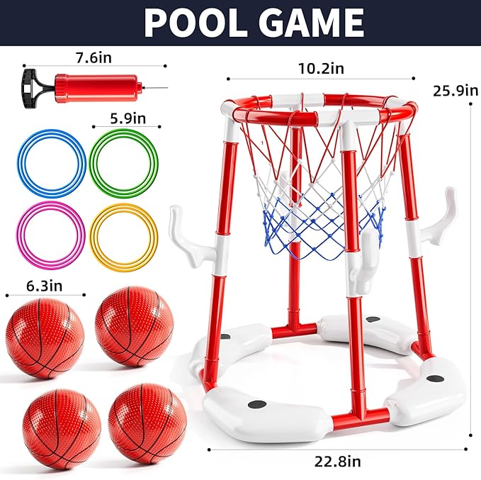 Pool Basketball Hoop, 2-in-1 Floating Pool Toys Ring Game with 4 Balls and Pump, Outdoor Swimming Pool Basketball Games Water Play Toy Family Party for Kids Adults Age 3-12 (Red)