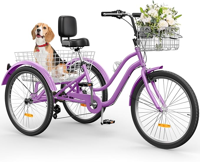 YITAHOME 24 & 26 Inch Adult Tricycle, 1 & 7 Speed 3 Wheel Bikes, Large Seat with Backrest Trike for Adults with Front & Rear Baskets, Cruiser Bike for Seniors Women Men Commute Picnic Outdoor