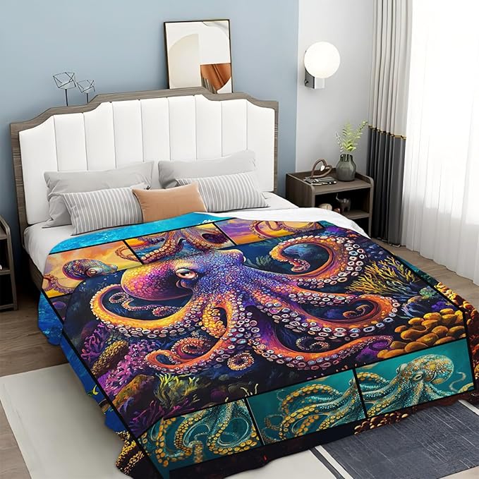 Octopus Throw Blanket Ultra Soft Flannel Blanket Gifts for Women Girls Men Boys Lightweight Cozy Blankets Gift for Women and Men Couch Sofa Bed 80" x 60"