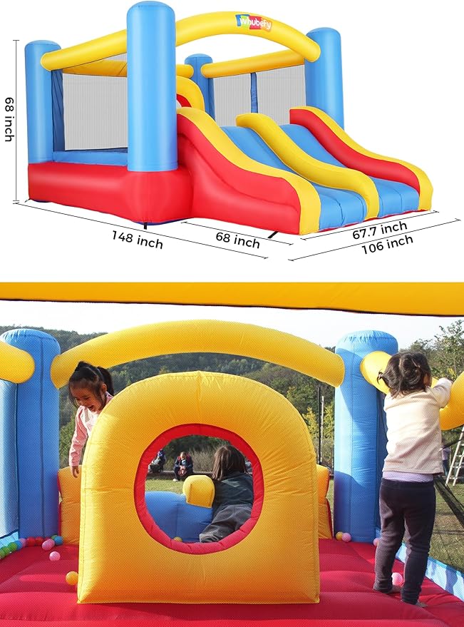 Whubefy Inflatable Bounce House Elevated Double Racing Slide for Kids 3-6 with Jump-Through Hoop Large Blow Up Bouncy Castle Obstacle Course 12.3x8.7x5.8ft w/370W Blower Indoor Outdoor Fun