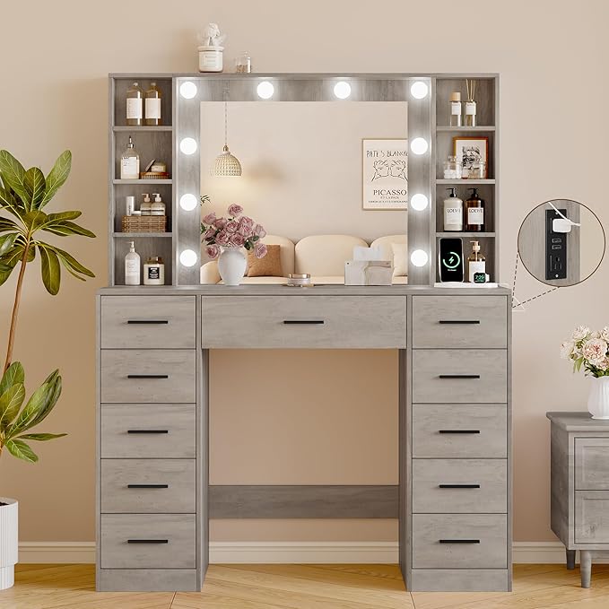 Makeup Vanity with Drawers, 43" Grey Vanity Desk with Mirror and Lights, 11 Drawers & 4 Shelves, Power Outlet & Adjustable LED Lights, Dressing Table for Women & Girls Bedroom