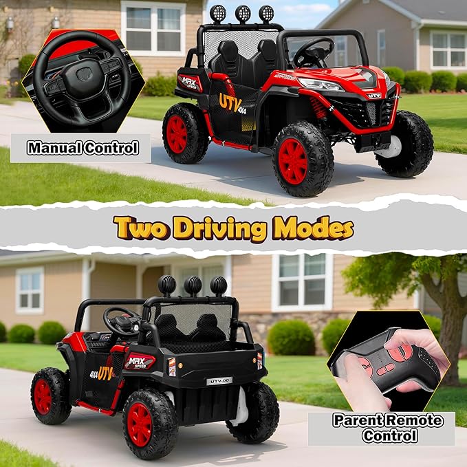 2 Seater 24V Ride On Toys for Big Kids, Electric UTV Car with Remote Control, 4-Wheeler Suspension, Side by Side Vehicle Max 110lbs, Soft Start, Bluetooth, Lights, Ride on Truck Kids 3 Years+, Red