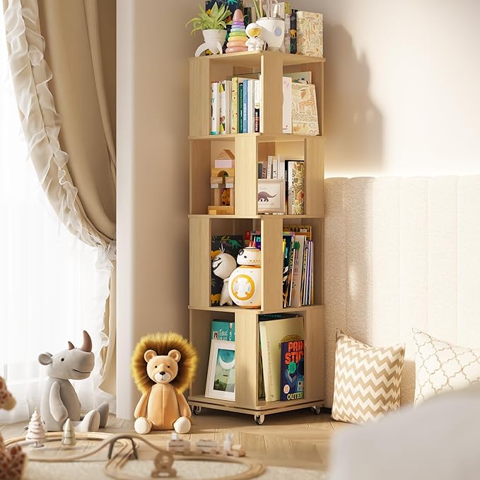 4 Tier Solid Wood Rotating Bookshelf Tower on Wheels, 360° Upgrade Spinning Book Shelf, Revolving Bookcase Organizer, Swivel Bookshelves for Small Spaces, Corner, Bedroom, Kids Room, Office (Natural)