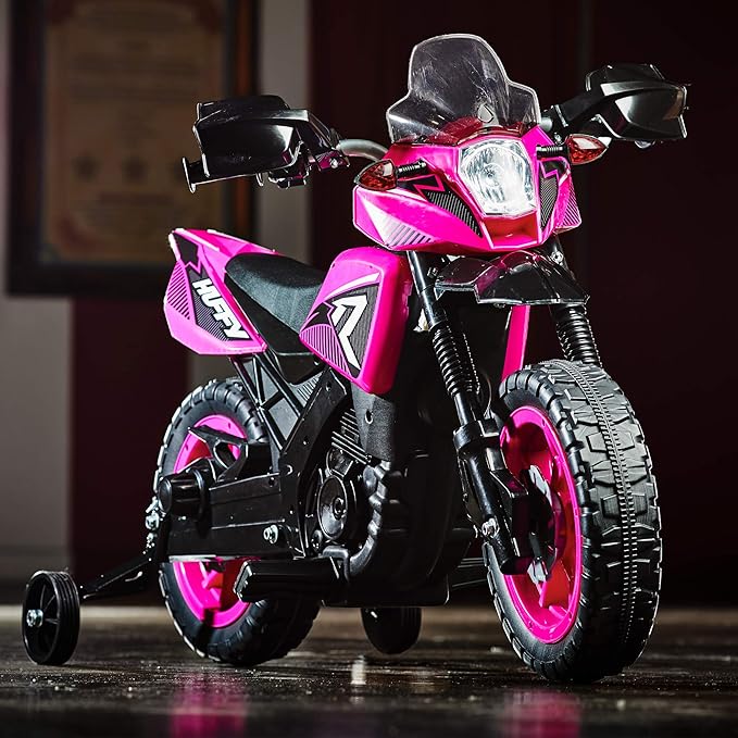 Huffy Ride on Motorcycle for Kids, Ideal for Ages 3-7 Years Old, 6V Ride On Motorcycle, Training Wheels, Realistic Engine Sounds, Simple Wall Charger, Max Weight 65lbs, 2 MPH, Pink