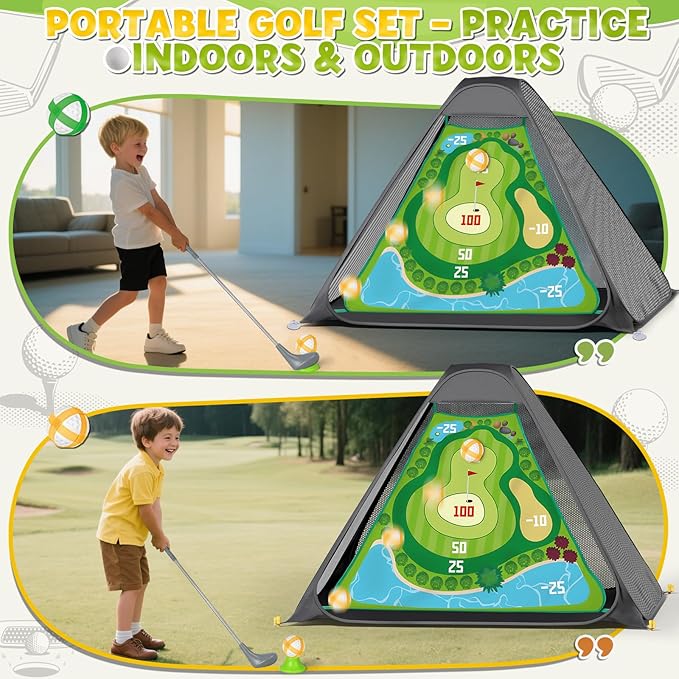 Lehoo Castle Kids Golf Set with Golf Net, 2 in 1 Toddler Golf Set with Putting Mat & Sticky Balls, Toddler Golf Clubs for Chipping Training, Outdoor Indoor Golf Toys Gift for Boys Girls 3 4 5 6 7