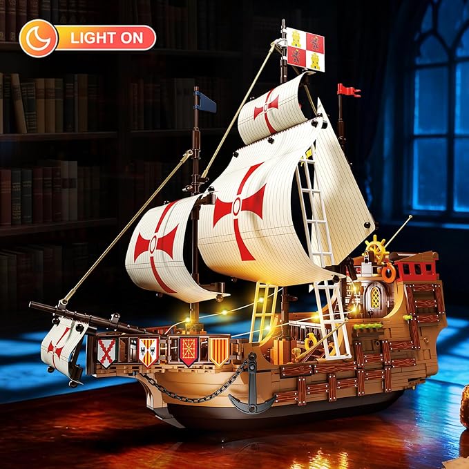 HiWEEGO Santa Maria Ship Building Set with LED Lights, 2 in 1 Pirate Ship House Wharf Building Block Kit, 1253 PCS Adventure Merchant Ship Model Building Toy Gift for Adults Teens Boys Girls Ages 12+