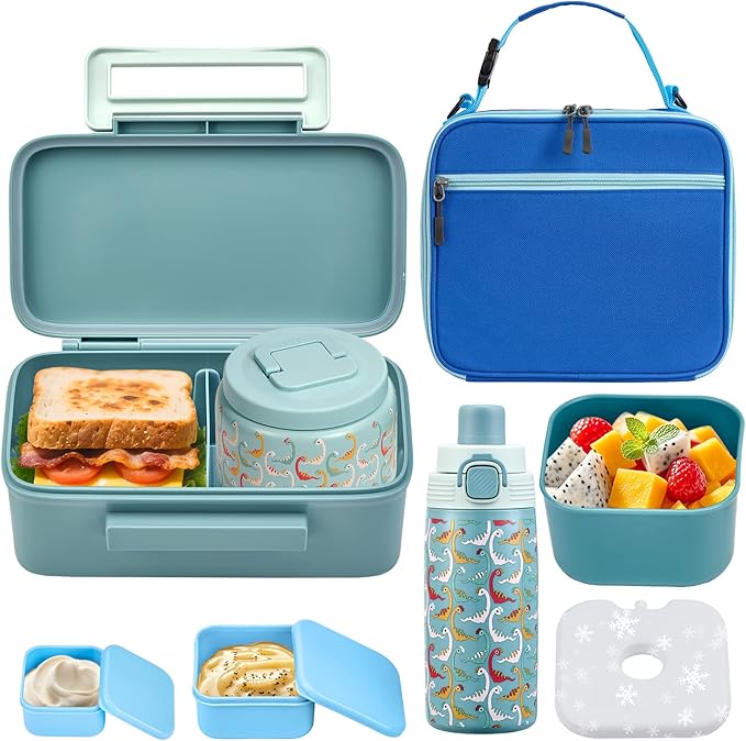 PIQUEBAR Bento Lunch Box for Kids with Thermo Ice Pack Lunch Food Container Insulated Bag, 18oz Plastic Sport Water Bottle for Kid Girls Boys (T-Blue Dinasour)