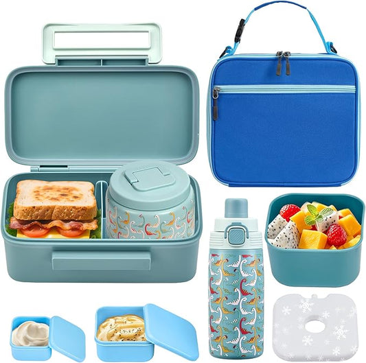 PIQUEBAR Bento Lunch Box for Kids with Thermo Ice Pack Lunch Food Container Insulated Bag, 18oz Plastic Sport Water Bottle for Kid Girls Boys (T-Blue Dinasour)
