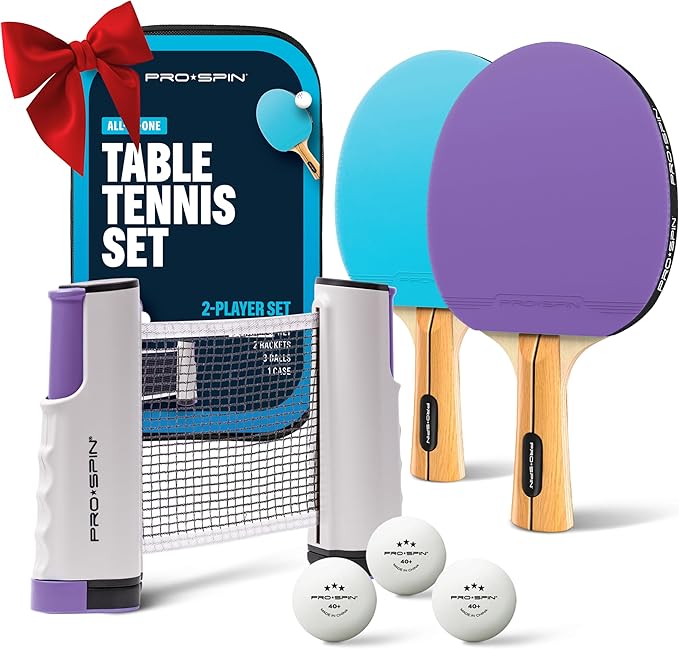 PRO-SPIN Portable Ping Pong Set with Retractable Ping Pong Net for Any Table, All-in-One Table Tennis Set with Ping Pong Paddles, Balls & Case, Table Top Family Game