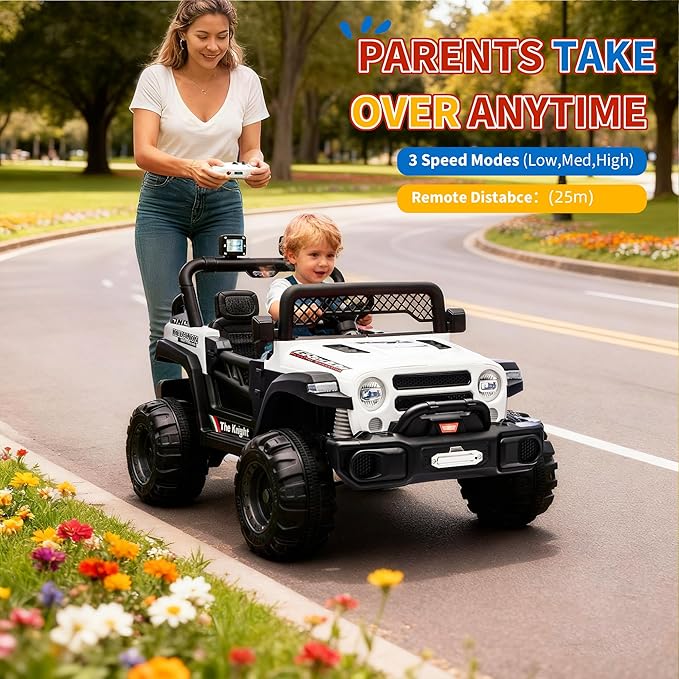 12V Kids Electric Ride on Truck，Parent Remote Control Car for Kids| Features 3 Speeds to 6MPH, 2 * 550w Moto, Spring Suspension, LED Lights, Music | for Children Aged 2-8 Years, White