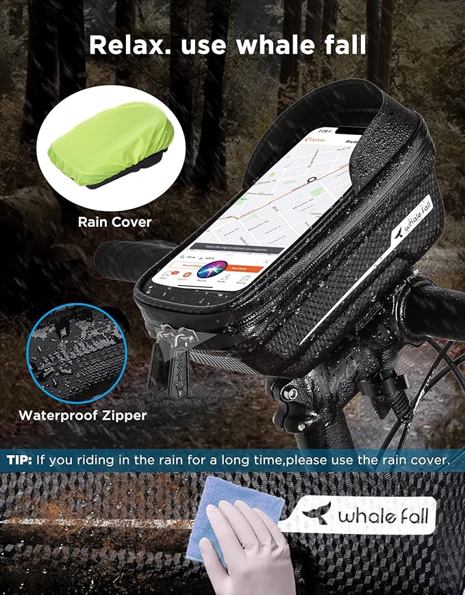 whale fall Quick Release Bike Frame Bag with Hard Shell, Waterproof Phone Mount with 0.25mm Touchscreen, Detachable Cycling Bag for Phones up to 6.9", Fits Road & Mountain Bikes