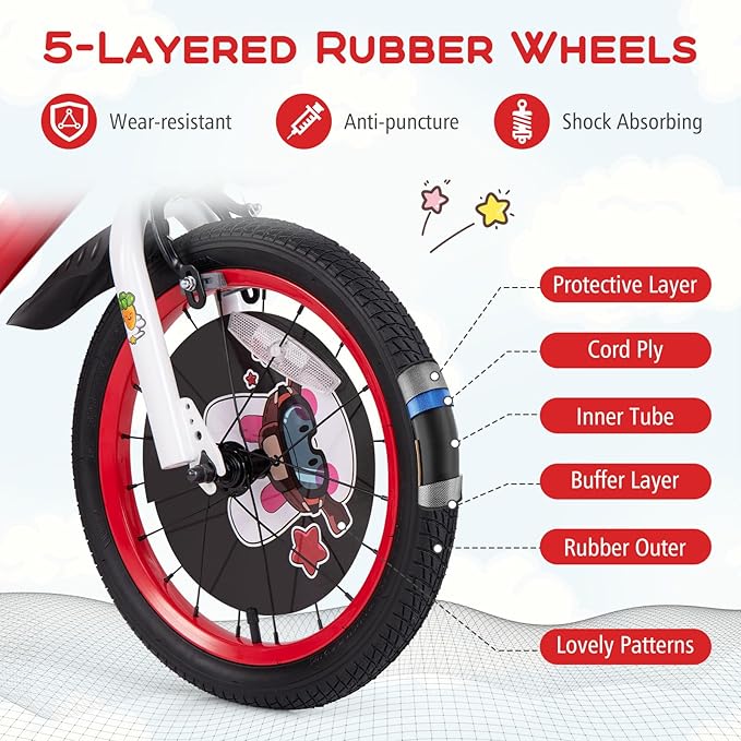 BABY JOY Rabbit Pilot Sporty Kids Bike, 12 14 16 18 Inch Child Bike for 3-8 Years Old with Adjustable Height, Training Wheels, Storage Basket, Handbrake & Coaster Brake, Kids Bicycle for Girls Boys