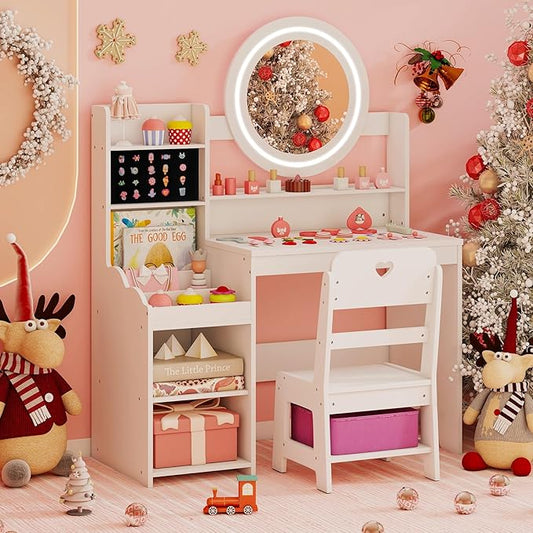 Costzon Kids Vanity, Girls Vanity Set with Mirror and Lights, Jewelry Storage, Shelves, Princess Toddler Makeup Vanity Desk Dressing Table, Wooden Kids Vanity Table and Chair Set (White)