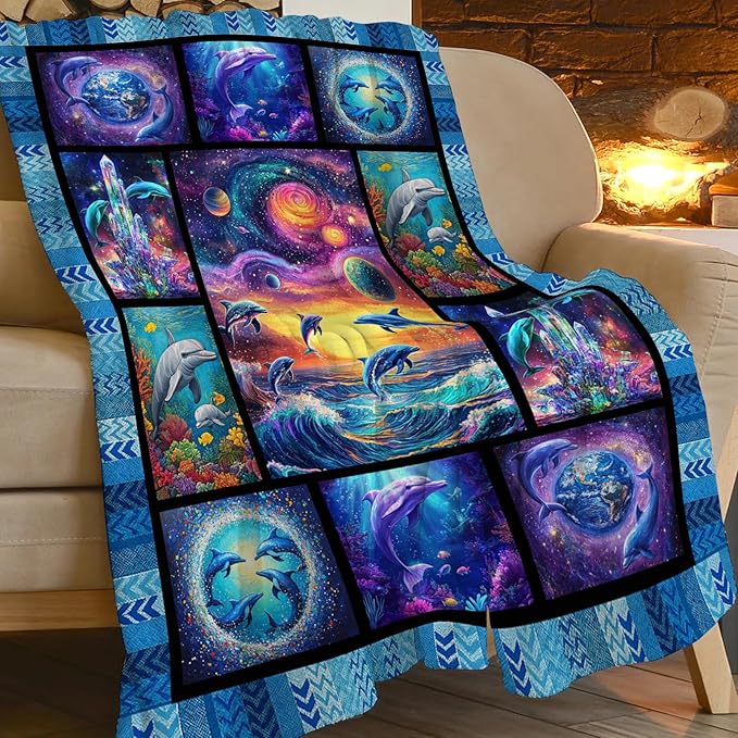 Dolphin Blanket, Ocean Dolphin Throw Blanket, Blue Sea Gifts Blankets Stuff Fleece Flannel Plush for Women Men Boys Girls Lovers Adults Soft Bedding Gift for Sofa Bed Office Home Decor 80"x60"