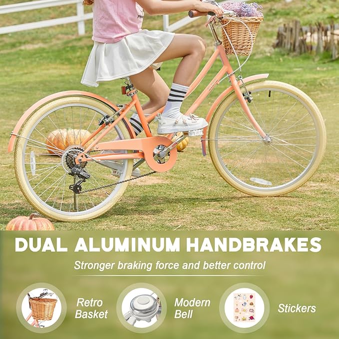 Glerc 20 24 26 Inch Beach Cruiser Bike, 6-Speed Hybrid City Bicycle for Girls Youth and Over 6 Years Old, Missy Bike with Wicker Basket & Lightweight, Multiple Colors