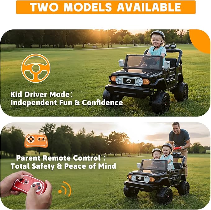 24V Ride on Toys for Kids, Licensed Toyota FJ, 2 Seater Ride on Car with Remote Control, Electric Car w/ 4-Wheeler Suspension, Led Light, Music, USB, Electric Vehicle for Age 3-8, Black