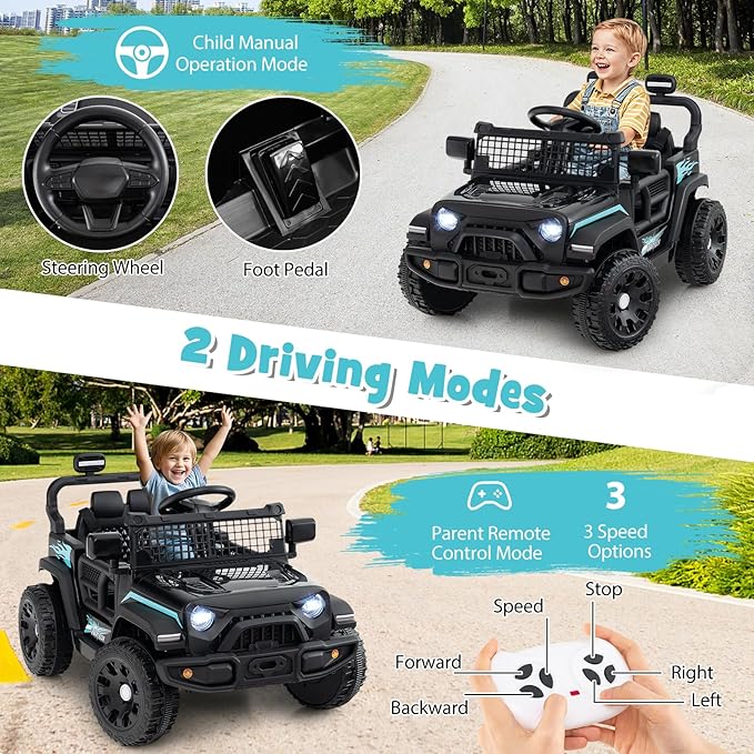 Costzon Kids Ride on Car Truck, 12V Electric Vehicle w/Foldable Mirrors, 3 Speeds, LED Lights, Music & Horn, Ride on Toys Remote Control Car for Toddlers, Boys & Girls (Black,34" × 23" × 21")