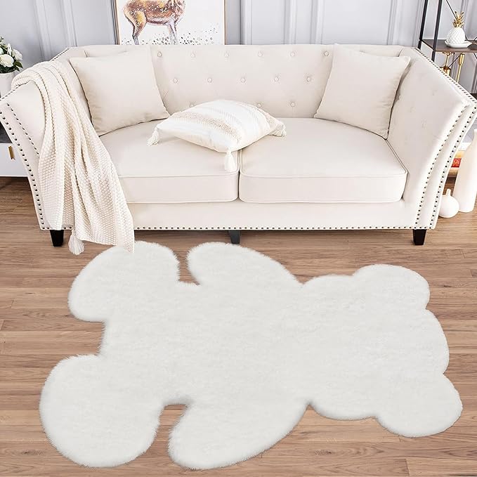 4x5.3 ft White Bear Shaggy Large Rug, Soft Fluffy Faux Sheepskin Fur Rug Fuzzy Shag Area Rug Cute Plush Carpet for Nursery Kids Girls Bedroom Room Aesthetic Living Room Floor Home Decor, White