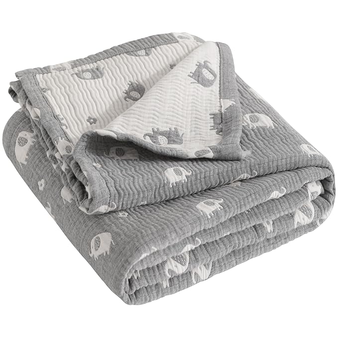 NTBAY 3 Layer Muslin Cotton Toddler Blanket, Jacquard Reversible Nursery Bed Blanket, Super Soft and Thermal for All Seasons, Decoration Gift, 30"x40", Dark Grey Elephant