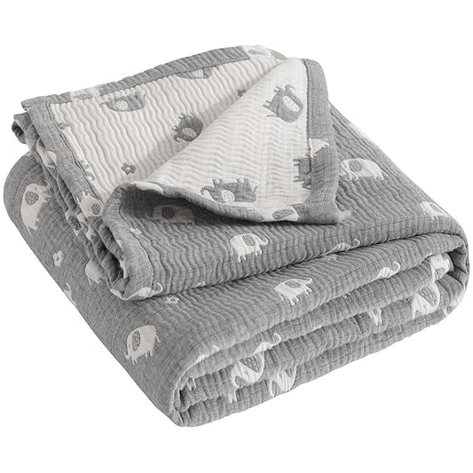 NTBAY 3 Layer Oversized Muslin Cotton Toddler Blanket, Jacquard Reversible Nursery Bed Blanket, Super Soft and Thermal for All Seasons, Baby Gift, 45"x60", Dark Grey Elephant