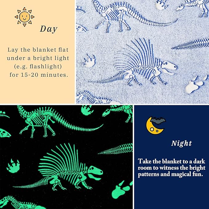 Wajade Dino Gifts Toys for Boys Girls - Glow in The Dark Dinosaur Blanket Birthday Christmas Decor for Kids Age 3 4 5 6 7 8 9 10 11 12 Years Old Teens Child Toddler Throw Blue 50"x60"