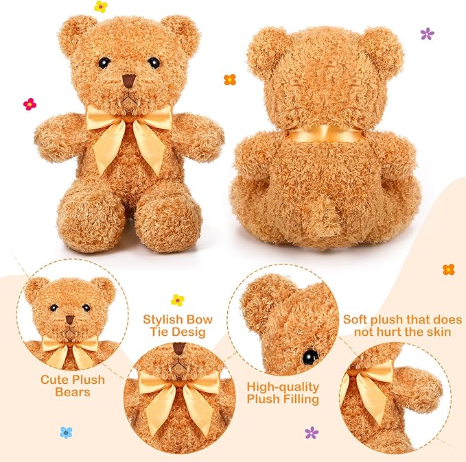 HyDren 12 Pack 12 Inch Stuffed Bear Animal Cute Bulk Plush Toys with Ribbon Bow Ties Soft Bears for Baby Shower Birthday Party Favors(Light Brown)