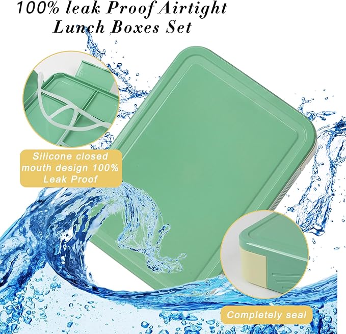 Bento Box for Kids Lunch Box Set with Reusable Kids Pouches Lunch bag Cute Toddler boys Lunch Cooler Organizer Lunch Tote (Green Dinosaur blunch bag+lunch box)