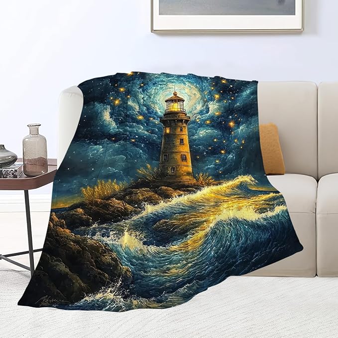 Lighthouse Blanket Coastal Lighthouse Starry Night Throw Blankets Gifts for Girls Boys Kids Soft Cozy Fleece Plush for Couch Sofa Bed 80"x60"