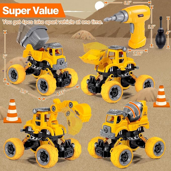 LUDILO 4PCS Take Apart Toys for 4 Year Old Boys Construction Toys with Electric Drill DIY Assembly Building Stem Toys Trucks Gifts for 3 4 5 6 7 8 Year Old Boys Girls Kids Learning Educational Toys