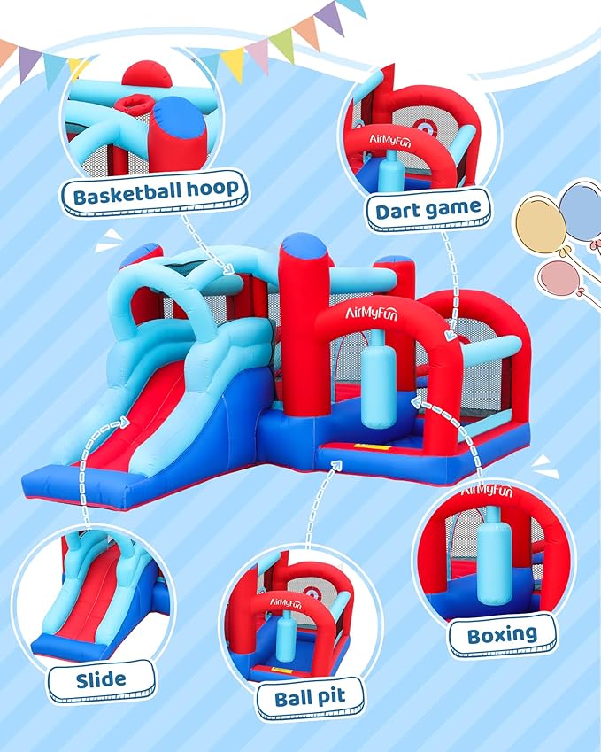 AirMyFun Inflatable Bounce House, Bouncy House with Slide,Indoor Outdoor Bounce House with Ball Pit,Basketball Hoop,Target Balls and Boxing,Inflatable Bouncer for Party