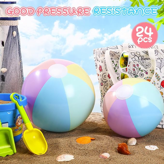 24 Pcs Inflatable Beach Balls Bulk Pastel Color Jumbo Big Macaron Beach Balls for Adults Summer Swimming Pool Water Games Party Favor (16 Inch, 12 Inch)