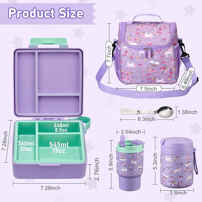 Bento Lunch Box for Kids with 17oz Soup Thermo,Insulated Tumbler Water Bottle and Insulated Lunch Bag,Leak-Proof 3 Compartment Lunch Food Container with Ice Pack for Kids to School-Horse