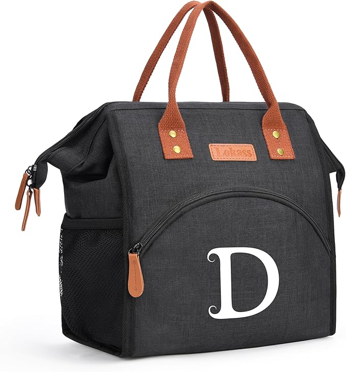 Personalized Lunch Box for Women, Initial Reusable Insulated Lunch Bag, Wide-Open Adult Lunchbox Cooler Lunchbag, Leakproof Lunch Tote for Picnic Work Outdoors, Christmas Gift for Women, Black - D