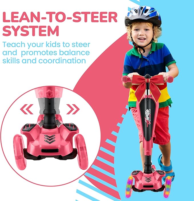 Hurtle 3-Wheeled Scooter for Kids - Wheel LED Lights, Adjustable Lean-to-Steer Handlebar, and Foldable Seat - Sit or Stand Ride with Brake for Boys and Girls Ages 1-14 Years Old