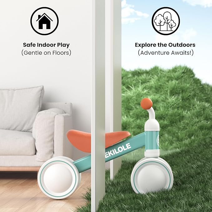 BEKILOLE Light Up Wheel Baby Balance Bike | 1 Year Old Boy Gifts & First Birthday Toy | Ride On Push Bike for One Year Old Boy Birthday Gifts Toddler Walker, Green & Brown