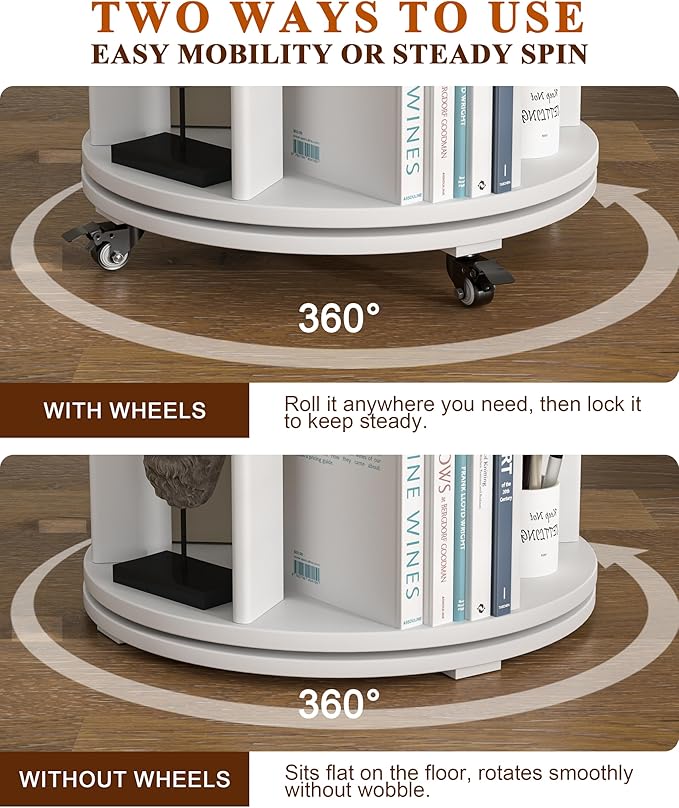 6-Tier Solid Wood Rotating Bookshelf on Wheels, 360° Spinning Book Shelf Tower, Round Revolving Bookcase Organizer, Rolling Bookshelves for Small Spaces, Corner, Bedroom, Kids Room, Office, White
