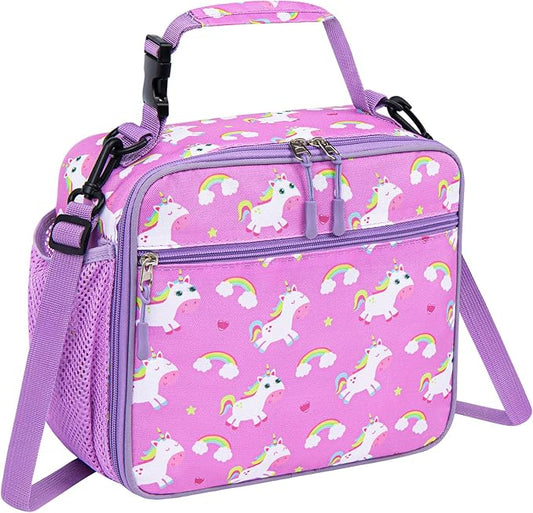 Kids Lunch Box Kids Lunch Bag for Girls Boys, Insulated Lunch Bag for Men with Shoulder Strap, Small Lunchbox for Girls School Travel Picnic (Purple, Unicorn)