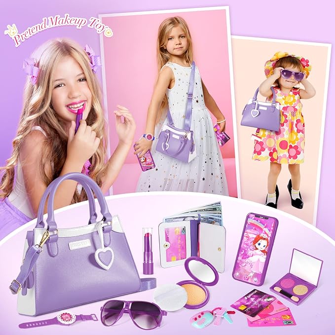 Shemira Play Purse for Little Girls, Princess Pretend Toys for Girls 3 4 5 6 7 8 Years Old, Christmas & Birthday Gift , Toddler Purse with Accessories, Kids Toy Purse, Purple