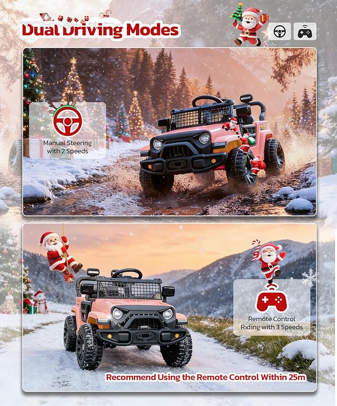 ELEMARA 12V Ride on Toys, Electric Vehicles for Kids w/3 Speeds, 3.5 mph Max, Ride on Car with Remote Control, Motorized Truck, Toddler Electric Car w/Bluetooth, LED Lights,Shock Absorbers-Light Pink