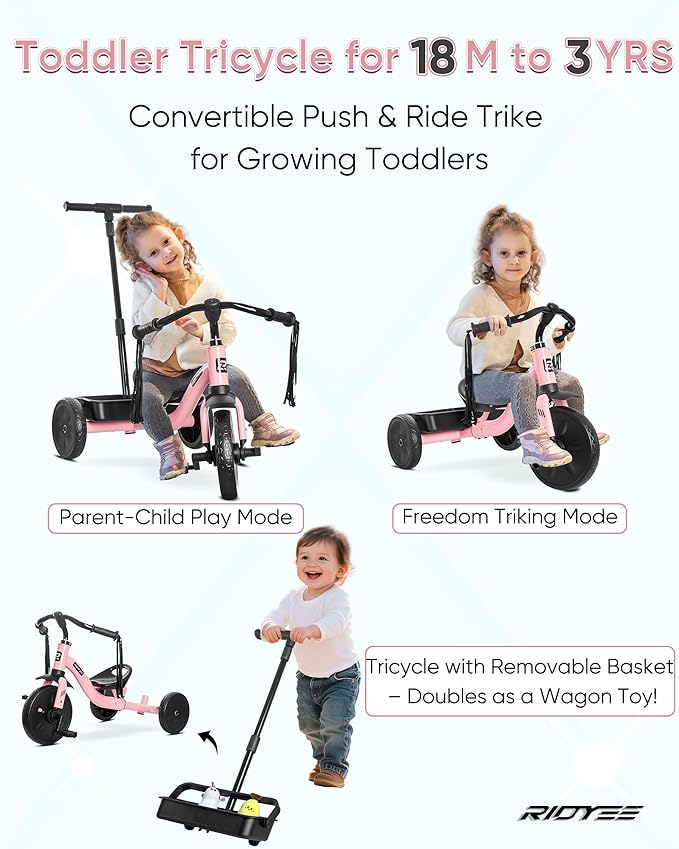 2-in-1 Tricycle for Toddlers Ages 1.5–3, Trike with Extended Push Handle, Removable Wagon-Style Basket, Adjustable Handlebar with Tassels, and Fore-AFT Adjustable Seat, Pink