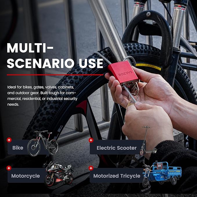 Adjustable Cable Padlock with 3 Keys | L 1.15ft x D 1/6in Aluminum Steel Cable Locks for Bikes, Gate, Lockers & Outdoor Gear | Keyed Different & Red