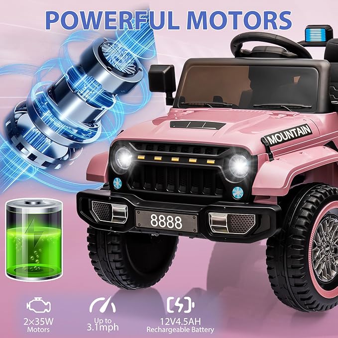 12V Kids Ride On Truck Car, Battery Powered Electric Vehicle Toy w/Parent Remote Control, Spring Suspension, 3 Speeds, LED Light, Music & Horn, Electric Cars for Kid, Gift for Boy Girl, Light Pink